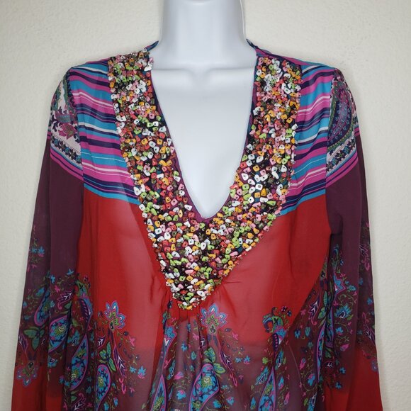 Mix Nouveau NY Women's Sz S Multicolored Embellished Sheer Blouse - Picture 4 of 6